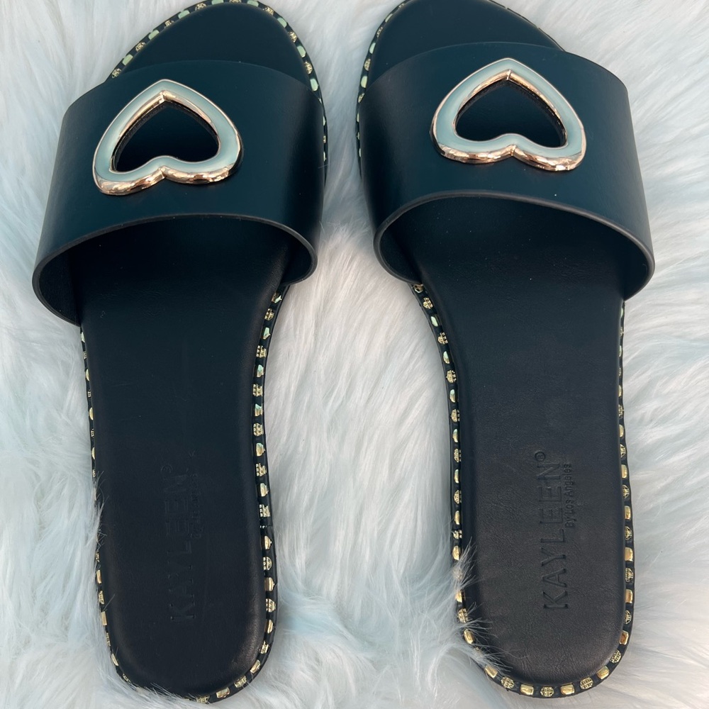 Black and Gold Heart Embellished Sandals - Picture 3 of 8